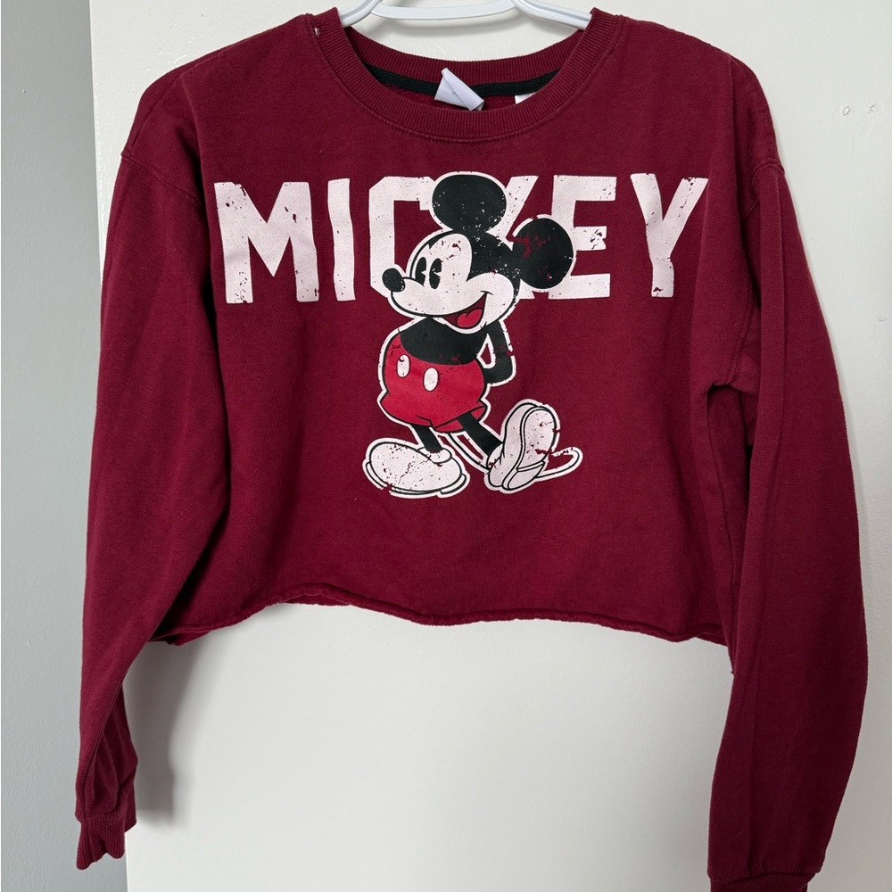 Mickey Mouse Women’s Maroon Cropped Crewneck Sweatshirt